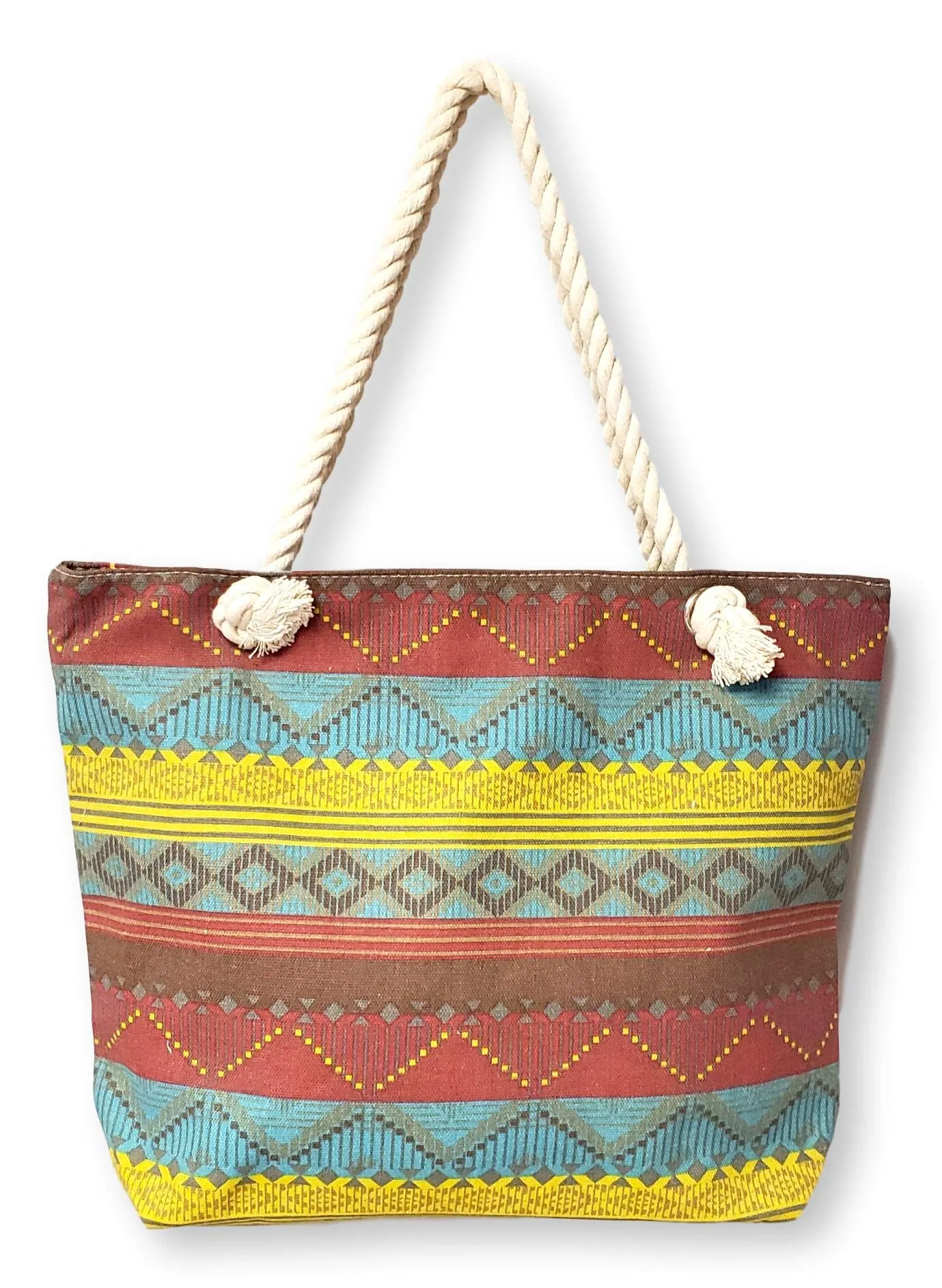 101 BEACH Medium Sized Summer Print Canvas Beach Tote Bag ... (Burgundy Teal Boho Stripe)