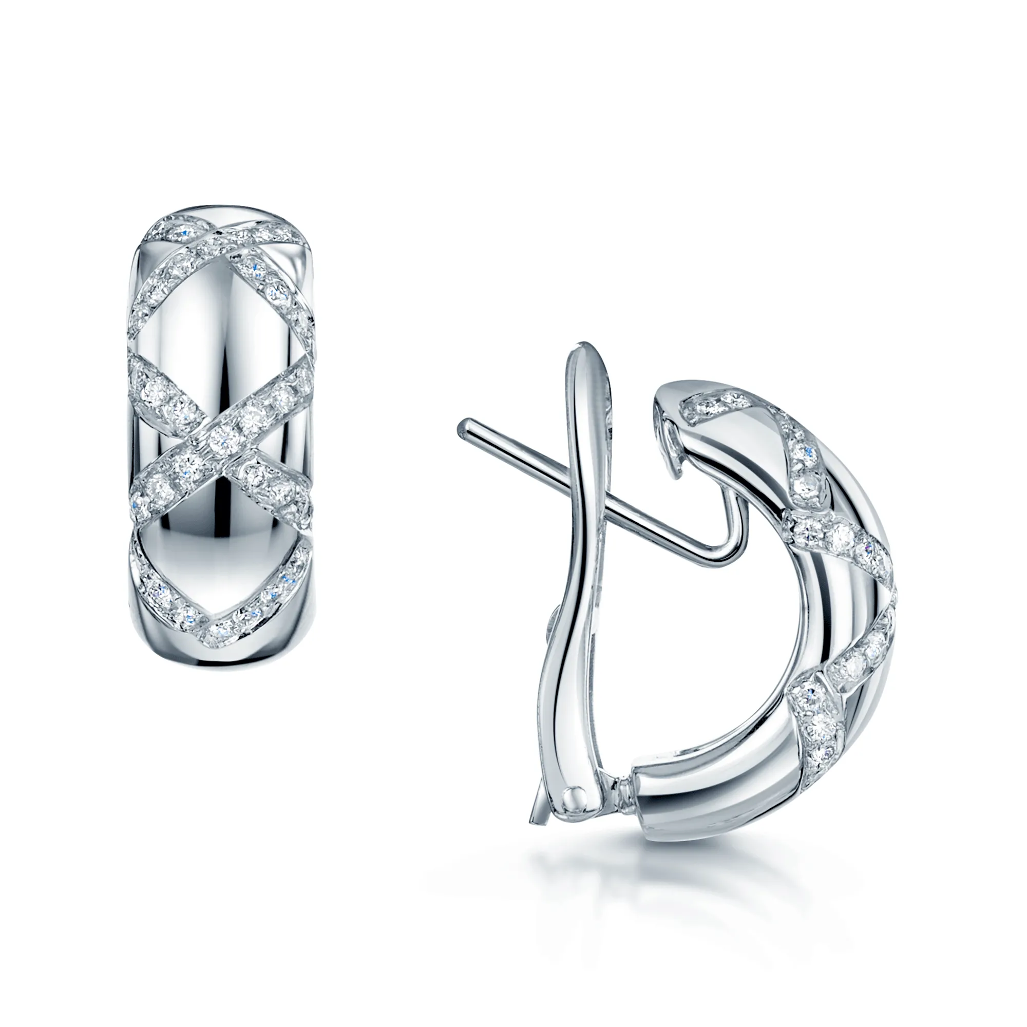 18ct White Gold Diamond Crossover Pave Set Hoop Earrings