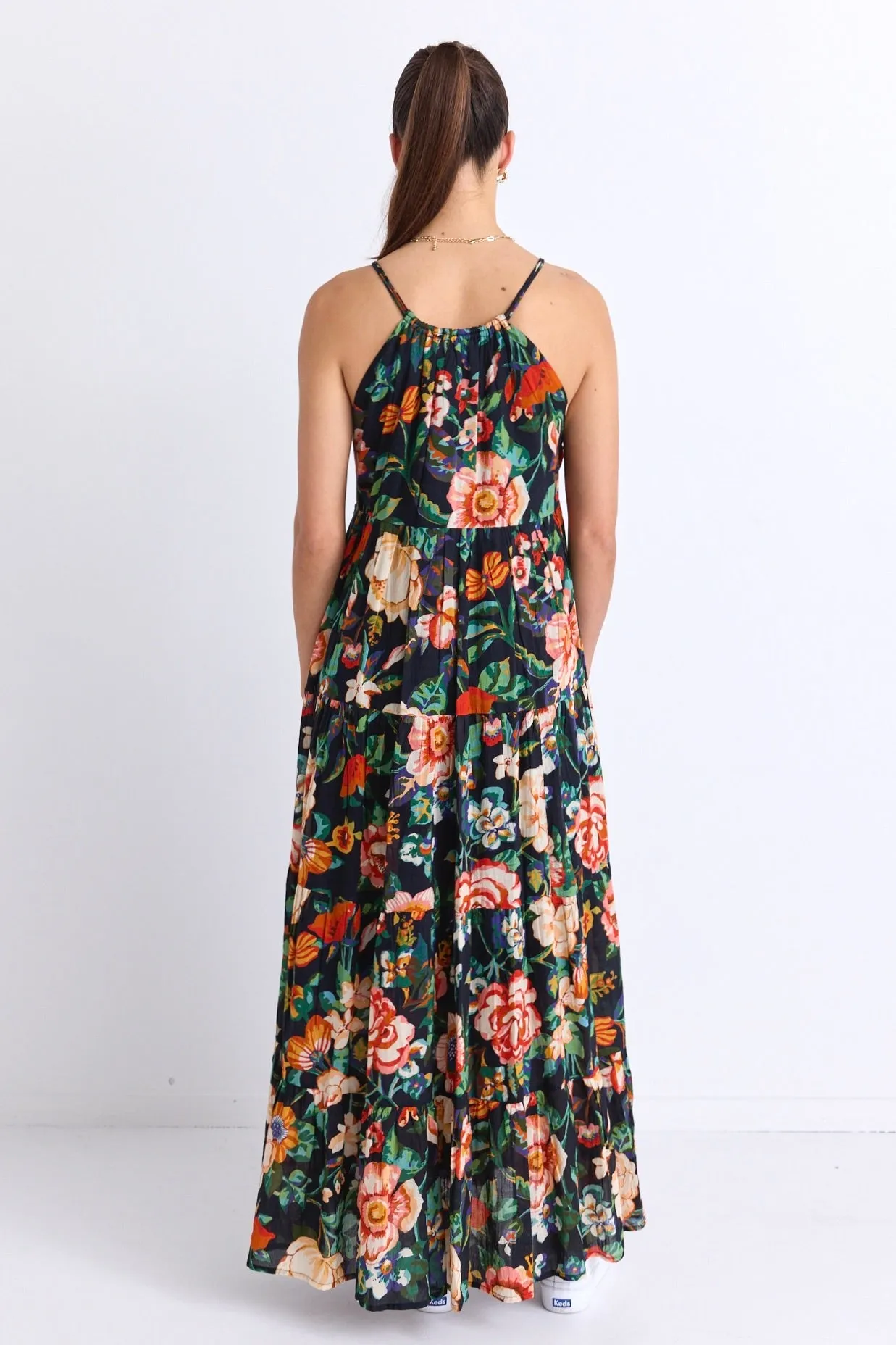 Affair Black Floral Cotton Strappy Tiered Maxi Dress