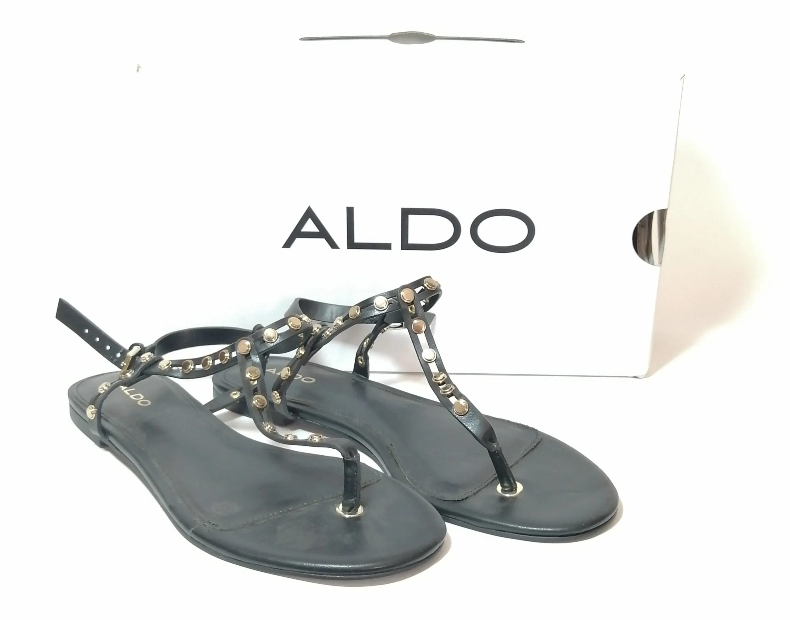 ALDO 'Starda' Black Gold Stud Thong Sandals | LIKE NEW |