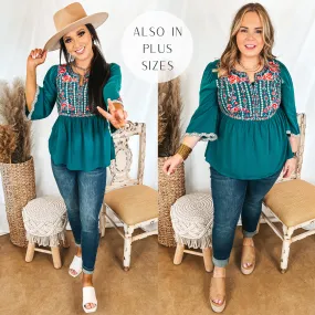 Already Mine 3/4 Bell Sleeve Embroidered Babydoll Top in Teal