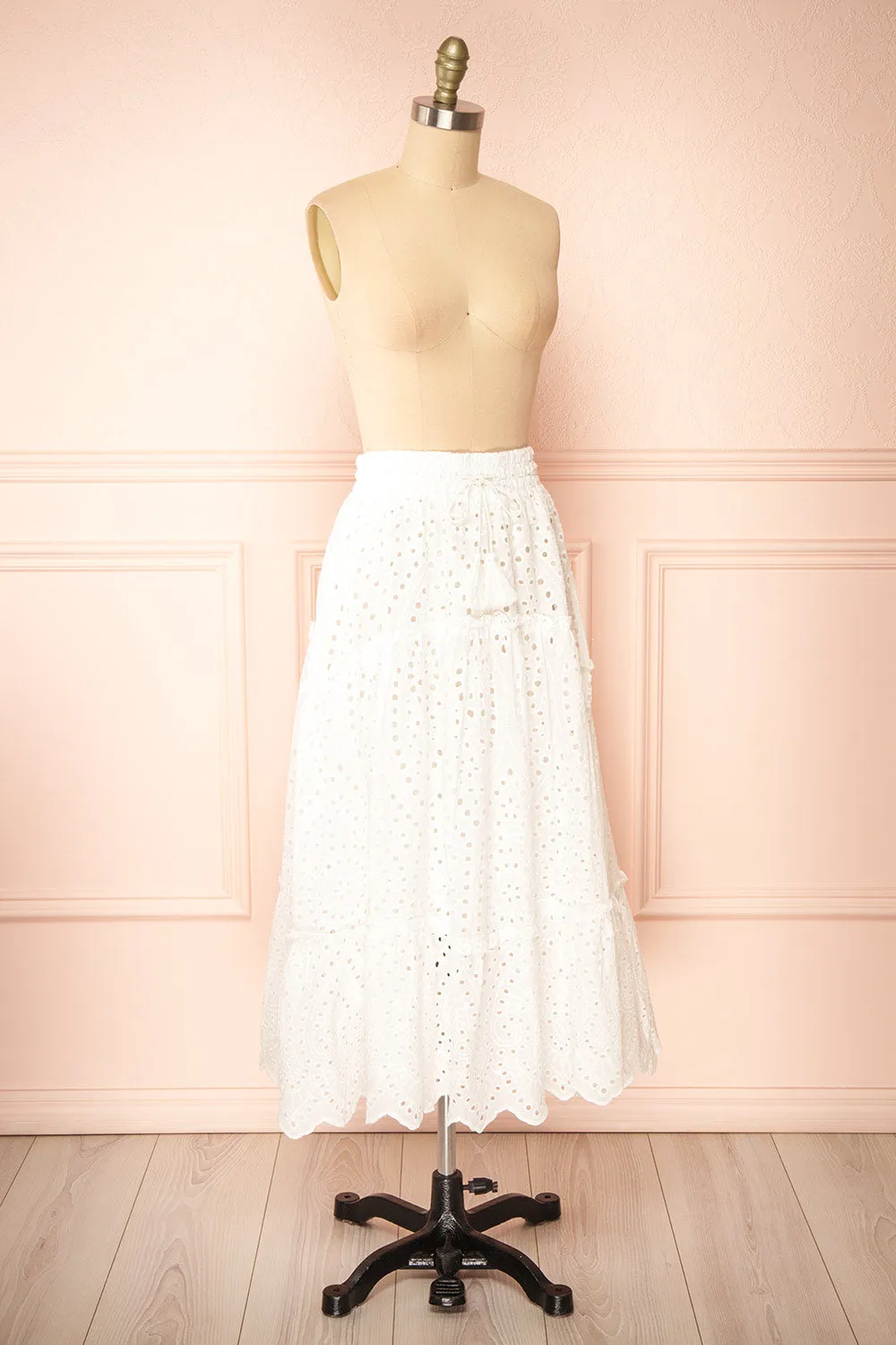 Atarah | White Midi Skirt w/ Openwork Lace