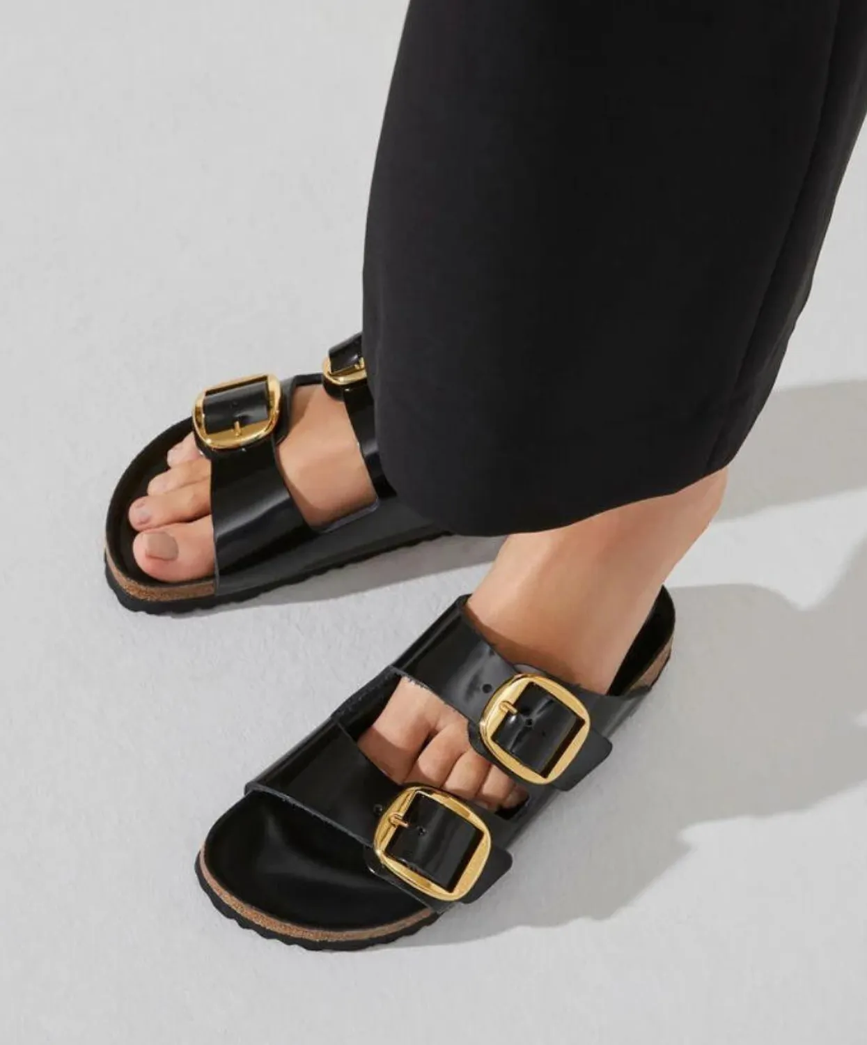 Birkenstock Arizona Sandals - High Shine, Big Buckle, Black Natural Patent Leather