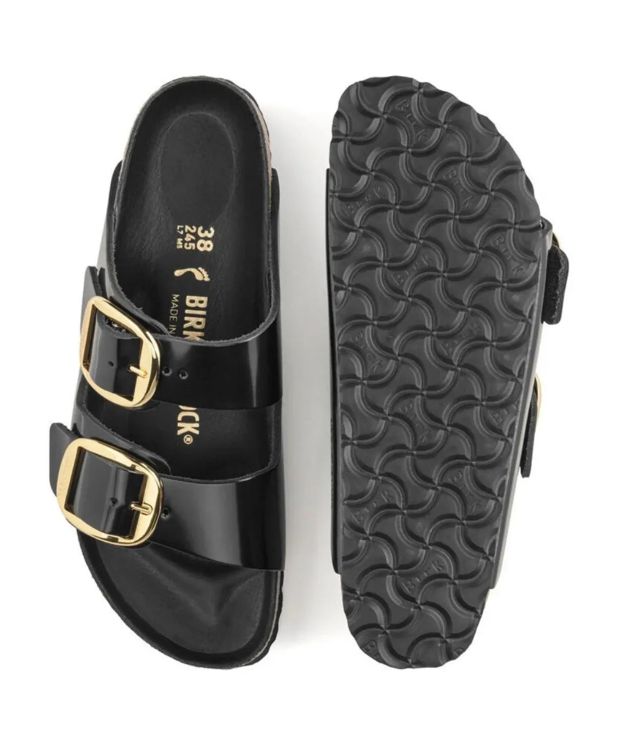 Birkenstock Arizona Sandals - High Shine, Big Buckle, Black Natural Patent Leather