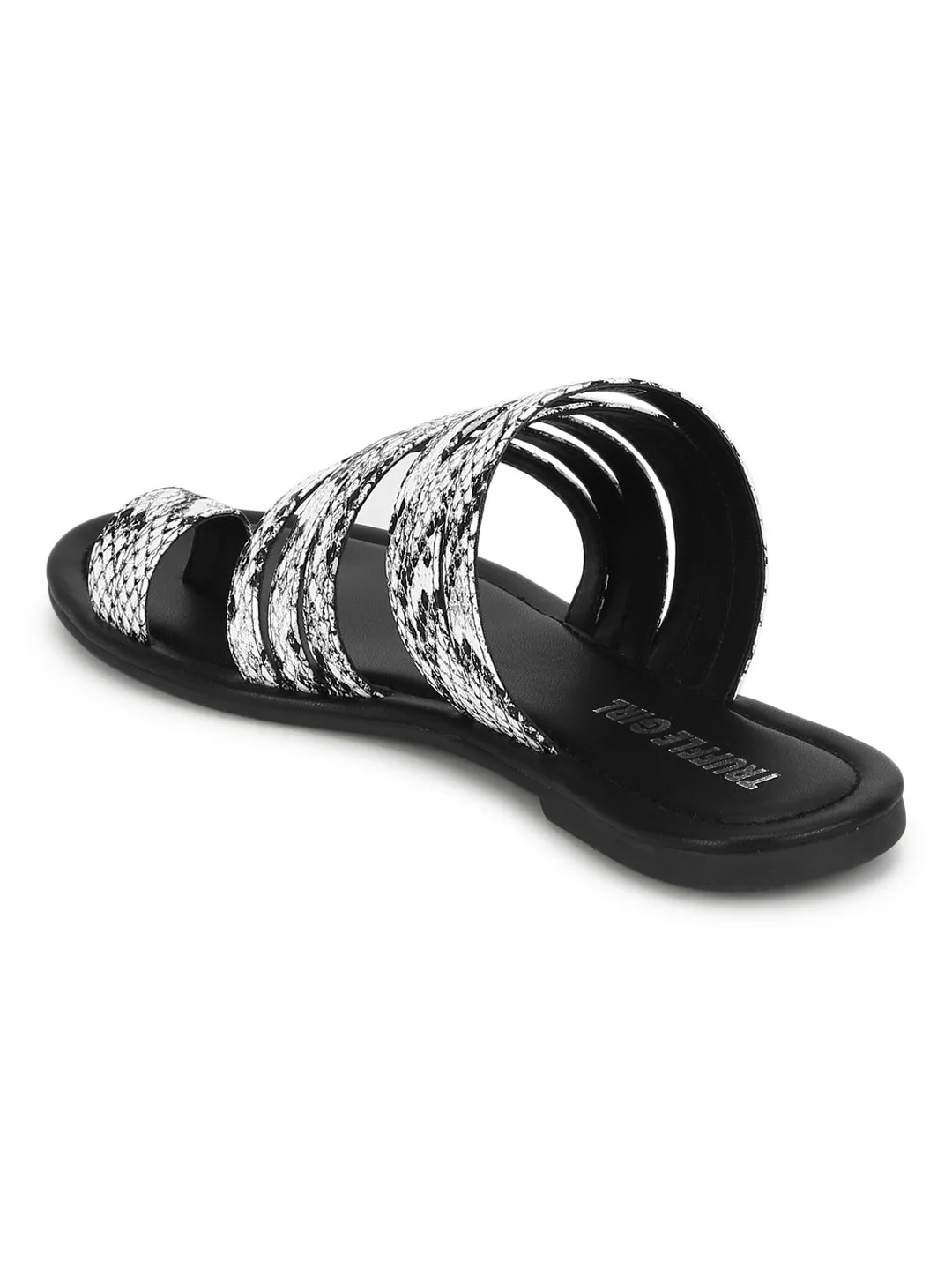 Black & White Snake PU Flat Slip On Sandals