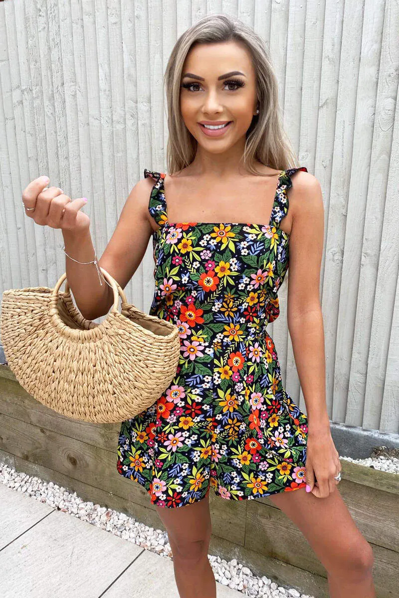 Black Bright Floral Frill Strap Playsuit