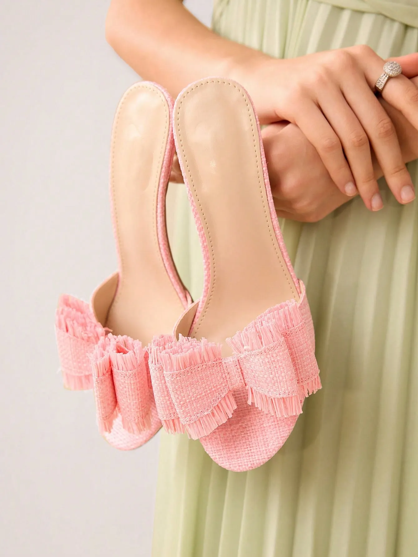 CUCCOO CHICEST Round-Toe Thin High-Heeled Outdoor Pink Weaved Bowknot Fashionable And Simple Pink Women's Sandals