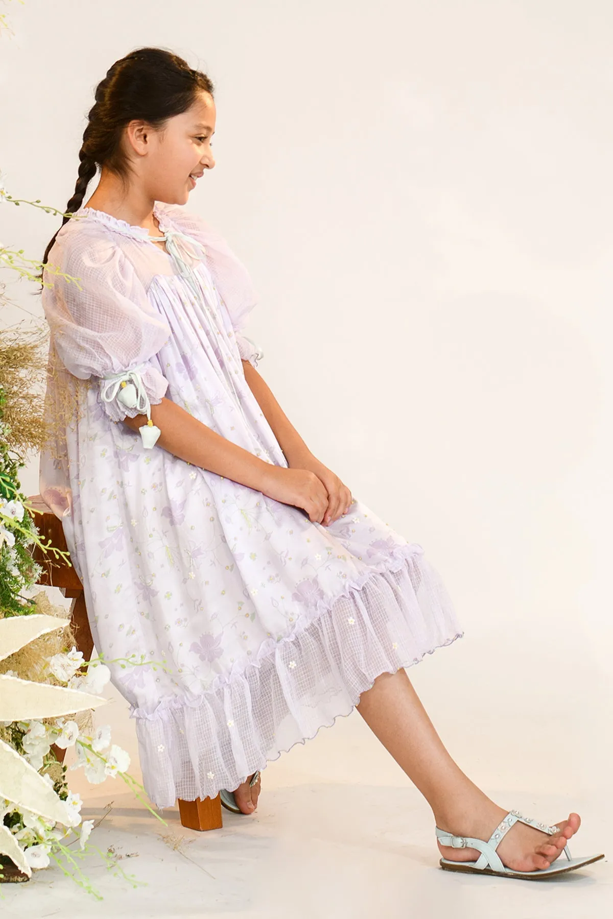 Curio Cabinet- Puff Self Tie Sleeves Dress For Girls