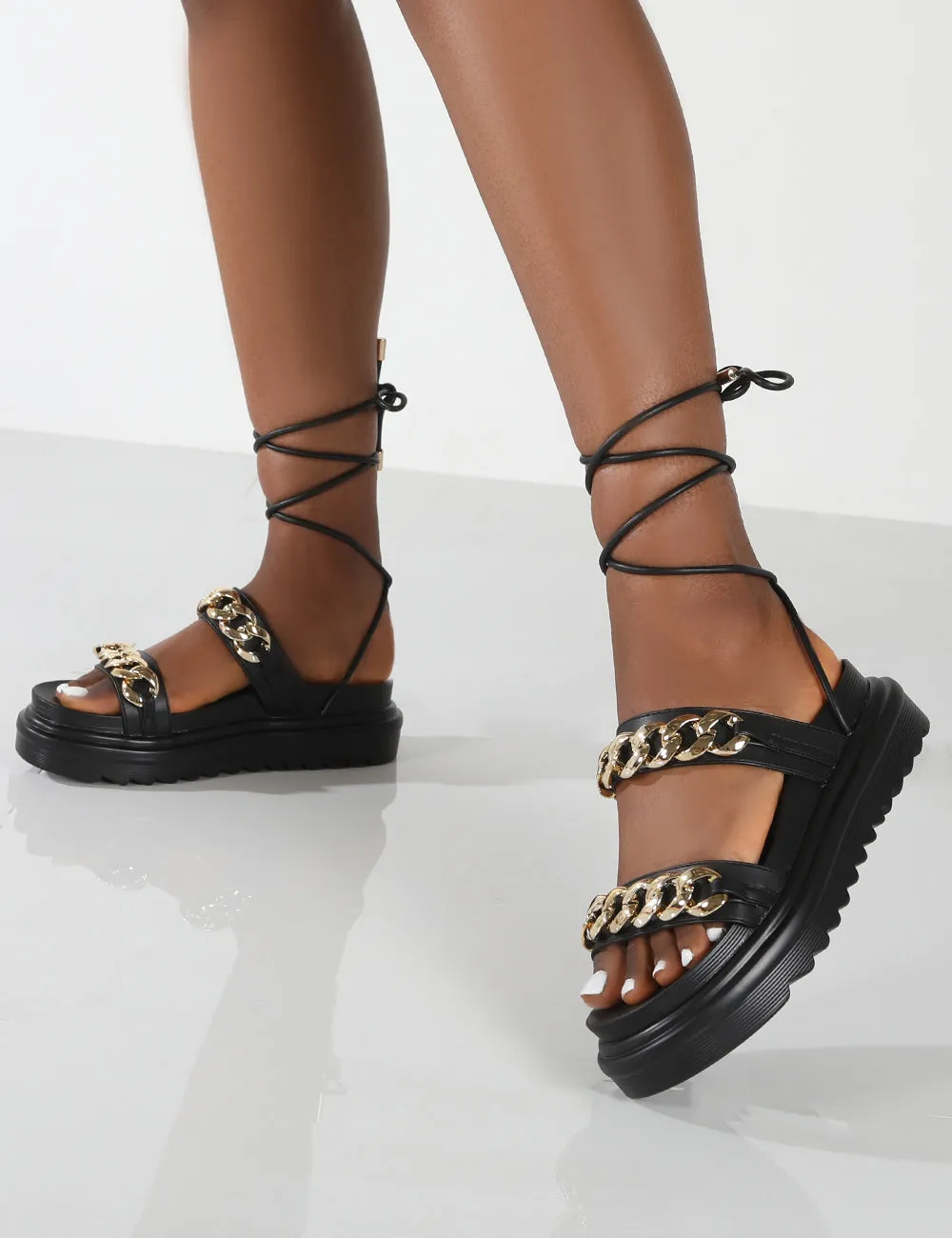 Dizzi Black PU Chunky Chain Detail Lace Up Sandals