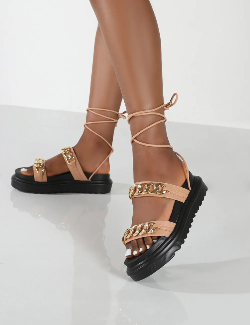 Dizzi Nude PU Chunky Chain Detail Lace Up Sandals