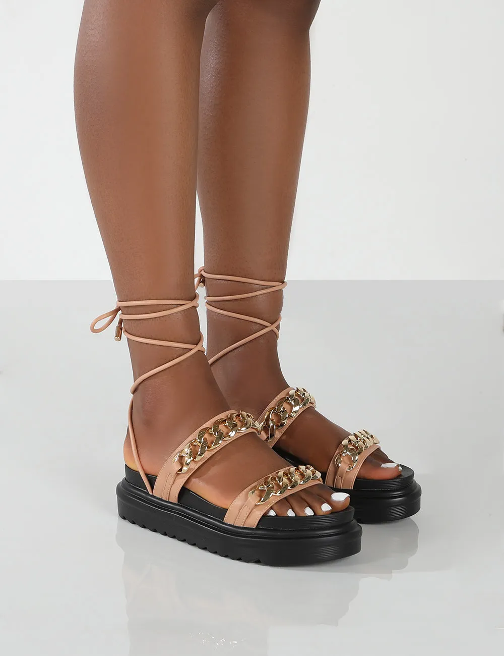 Dizzi Nude PU Chunky Chain Detail Lace Up Sandals