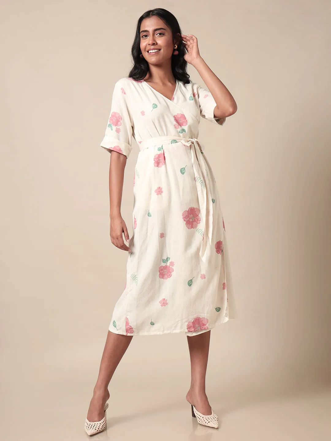 Eclectic Floral Printed Overlap Off White Dress