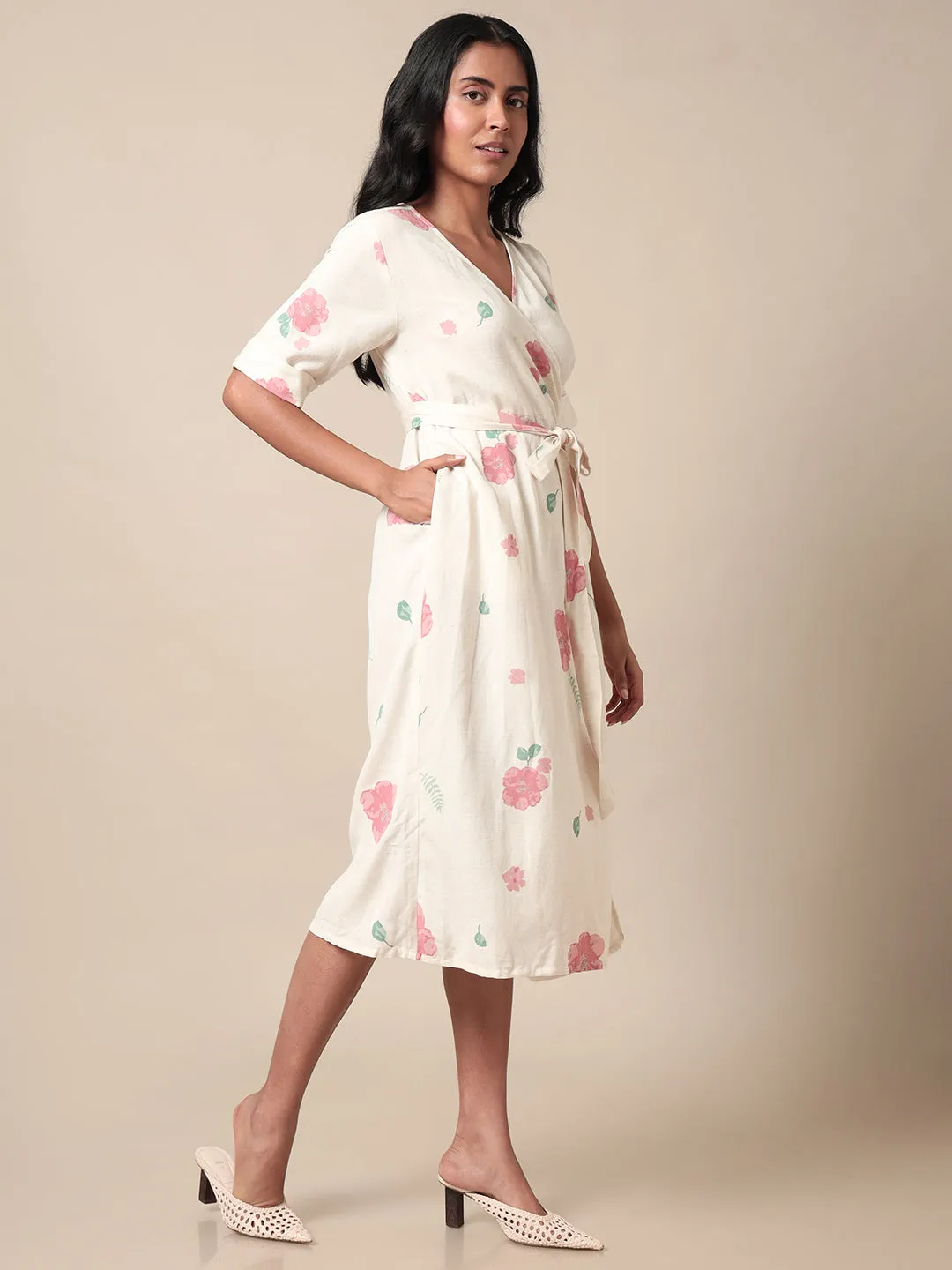 Eclectic Floral Printed Overlap Off White Dress