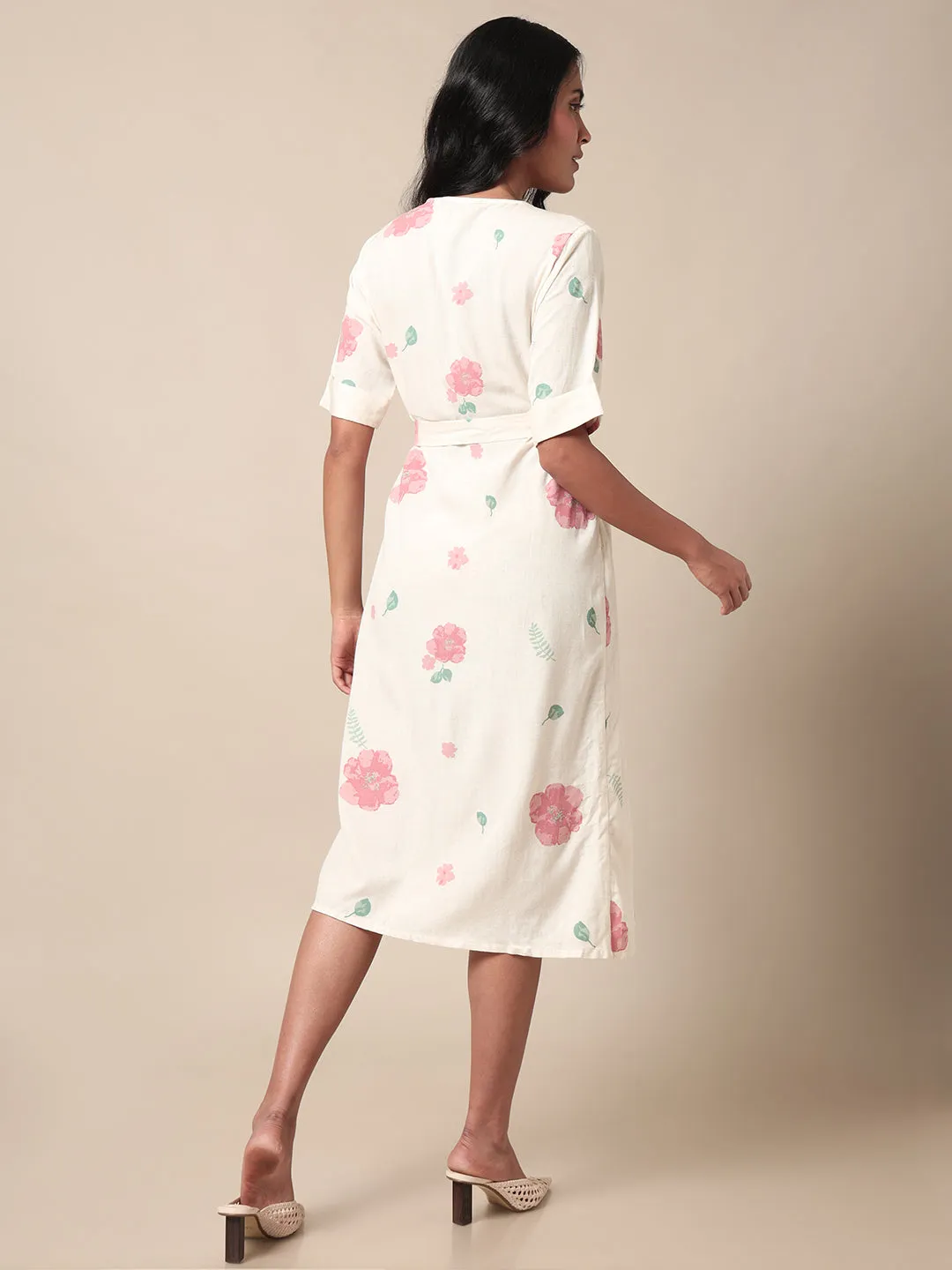 Eclectic Floral Printed Overlap Off White Dress