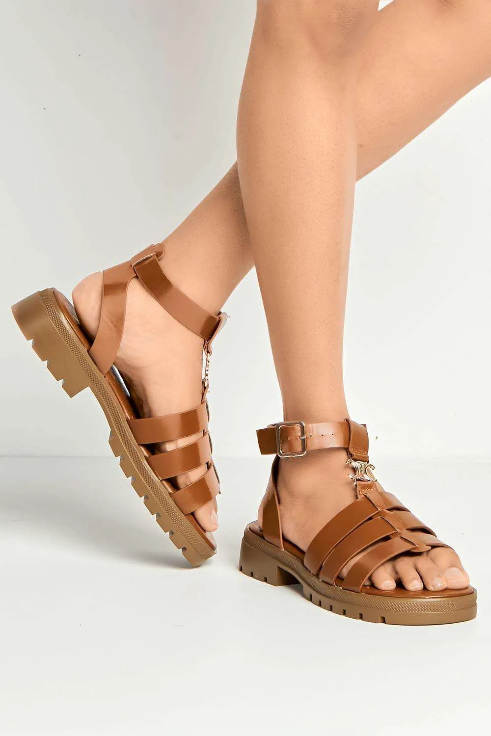 Elenie Anklestrap Flatform Sandals in Tan