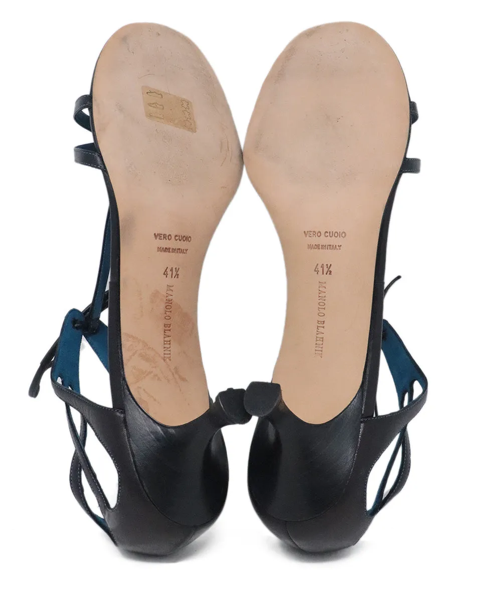 Manolo Blahnik Black & Teal Leather Sandals sz 11.5