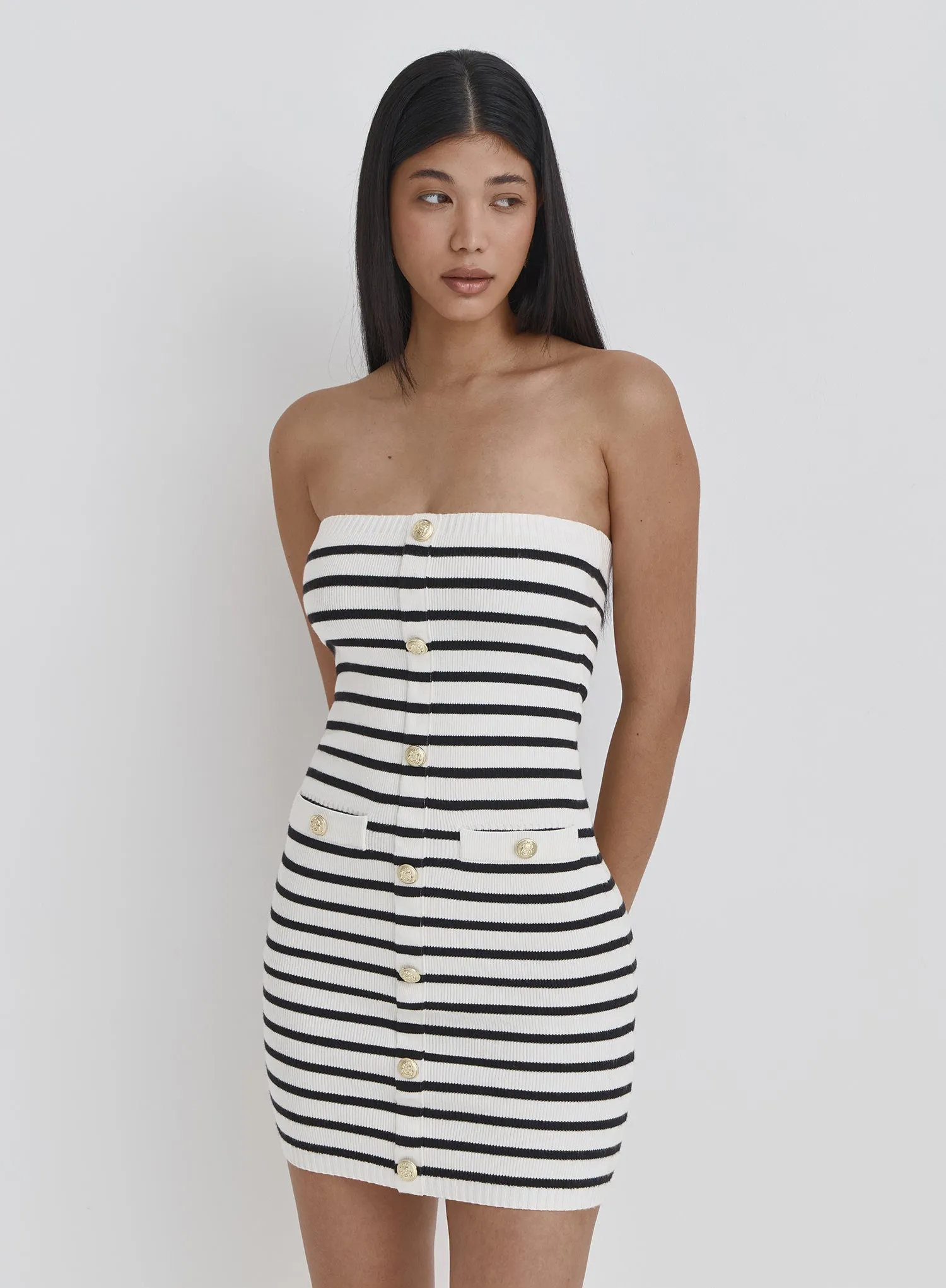 Multi Stripe Knitted Bandeau Button Mini Dress- Ally