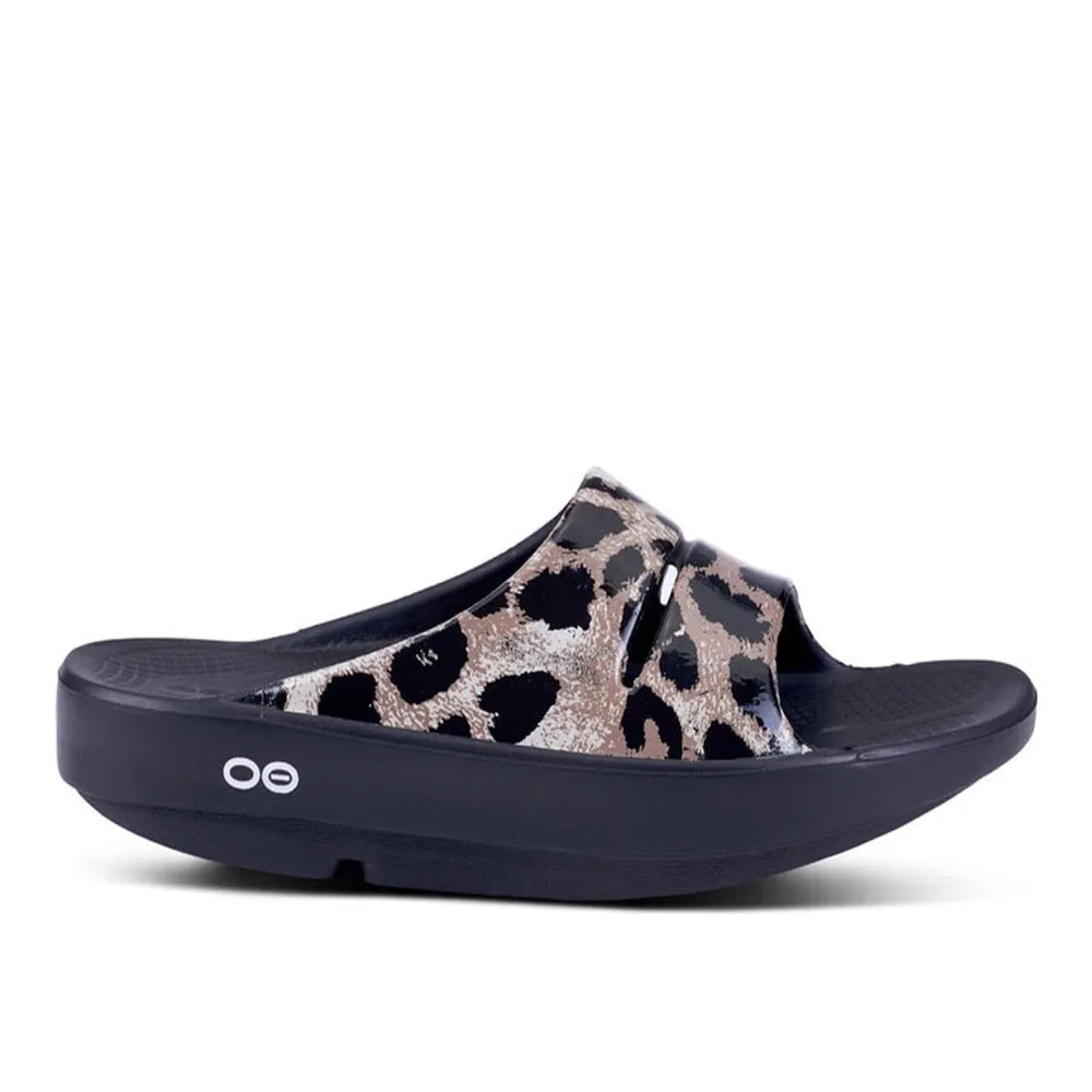 Oofos Women's Ooahh Luxe Limited Sandals Black Cheetah