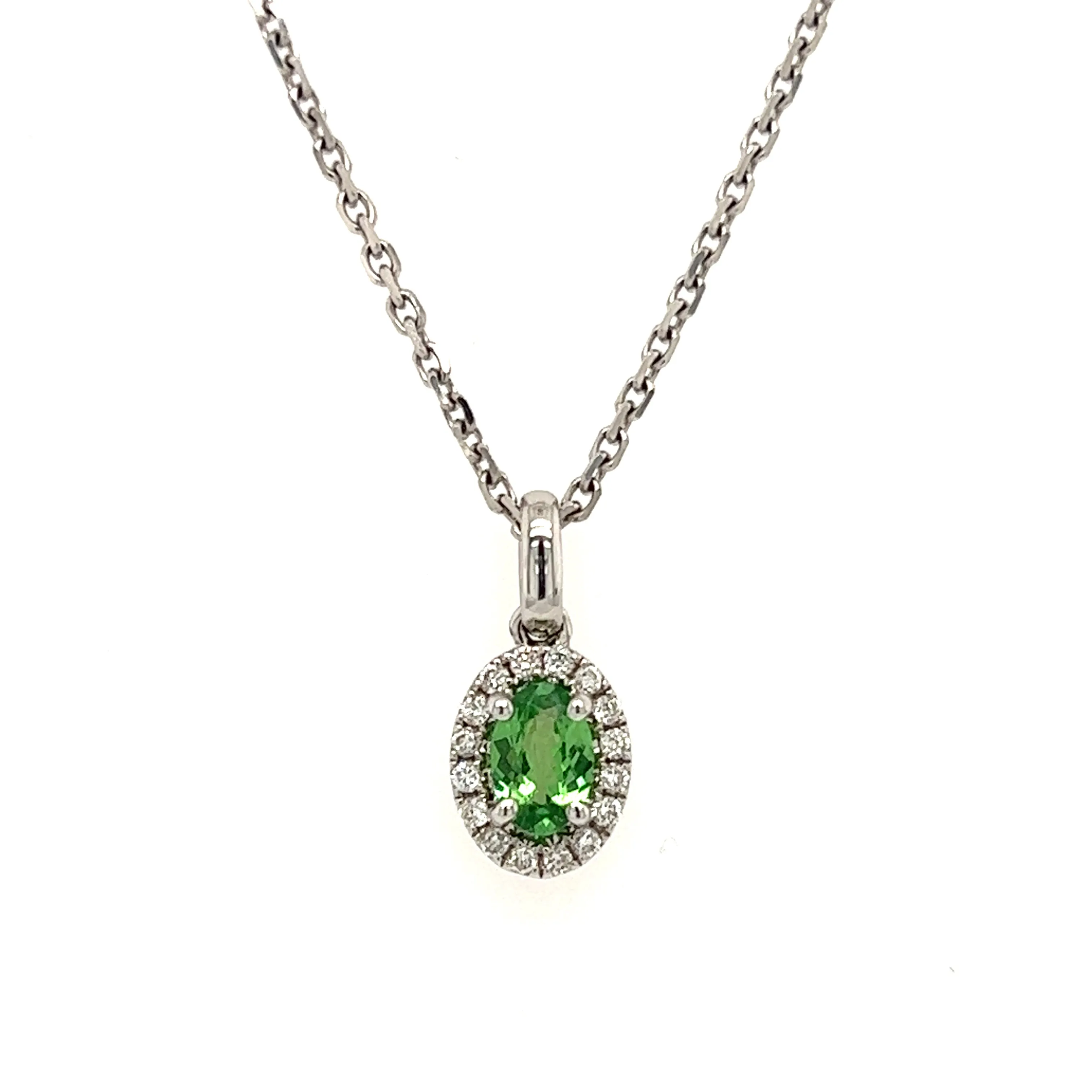 Oval Tsavorite Necklace with Diamond Halo in 14K White Gold