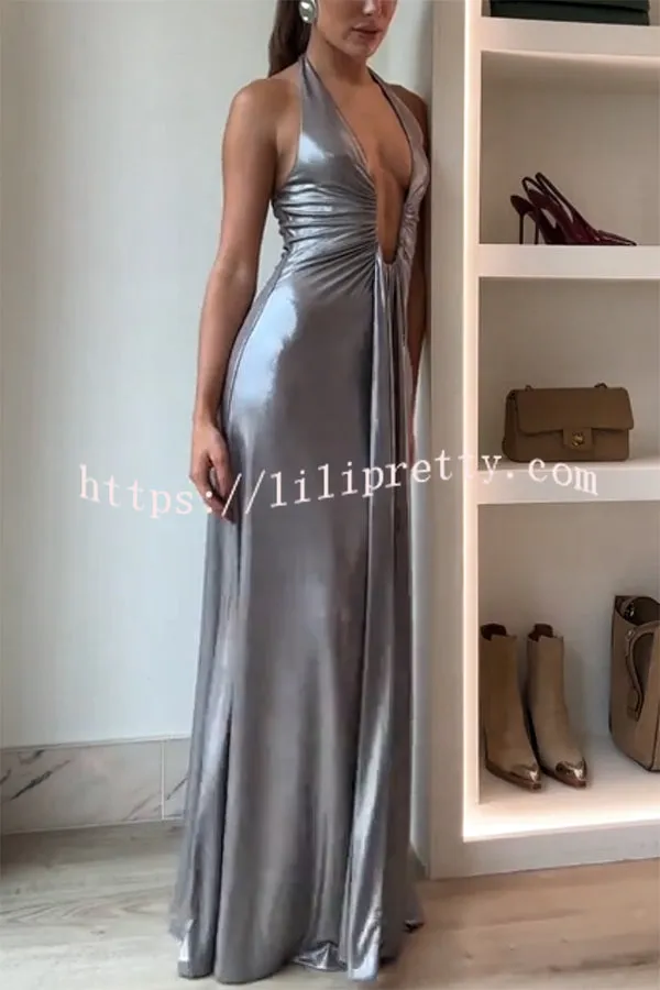 Sexy Silhouette Metallic Fabric Deep U-neck Halter Waterfall Sash Drape Maxi Dress