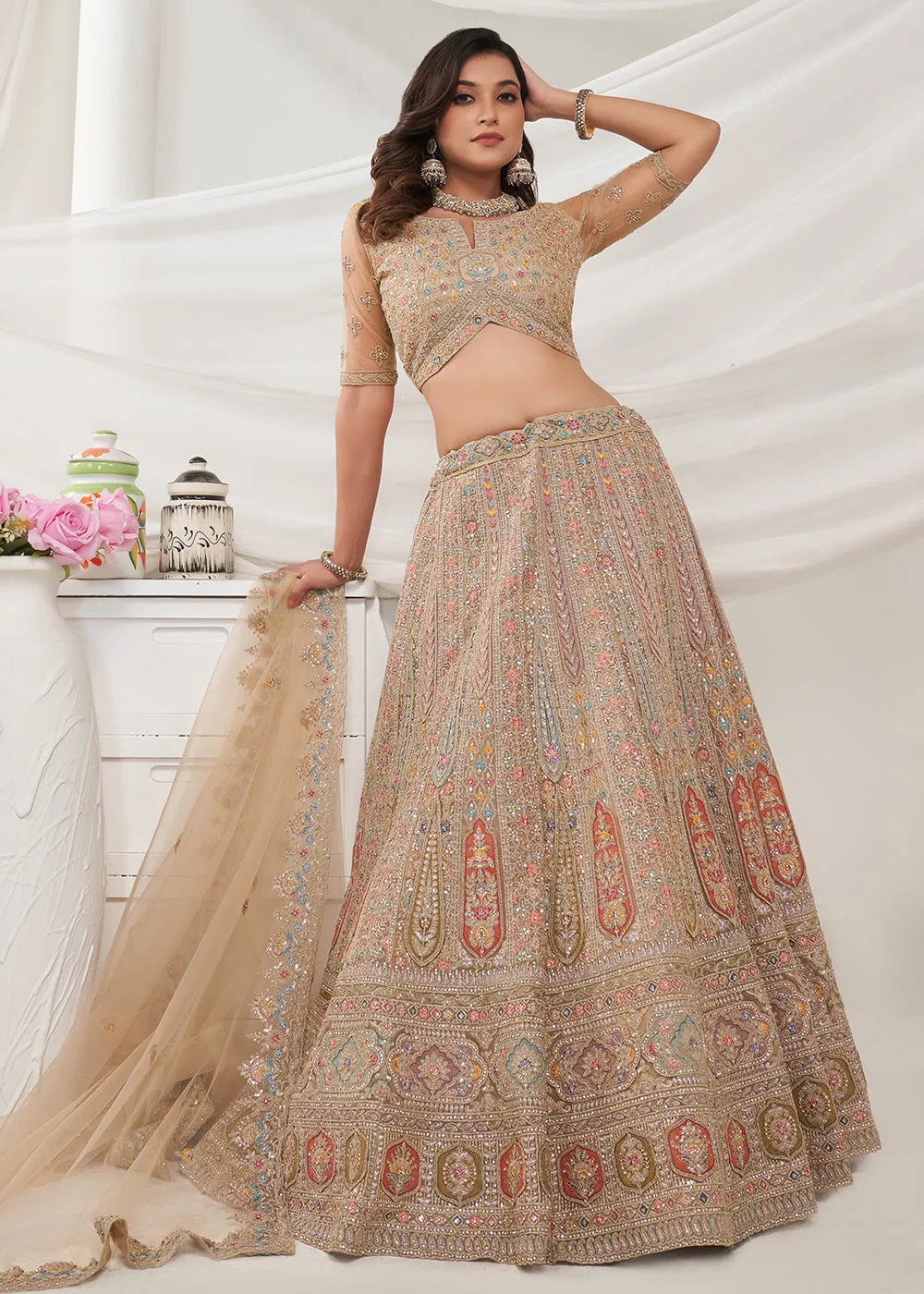 Soft Net Golden Heavy Embroidered Bridal Style Lehenga Choli