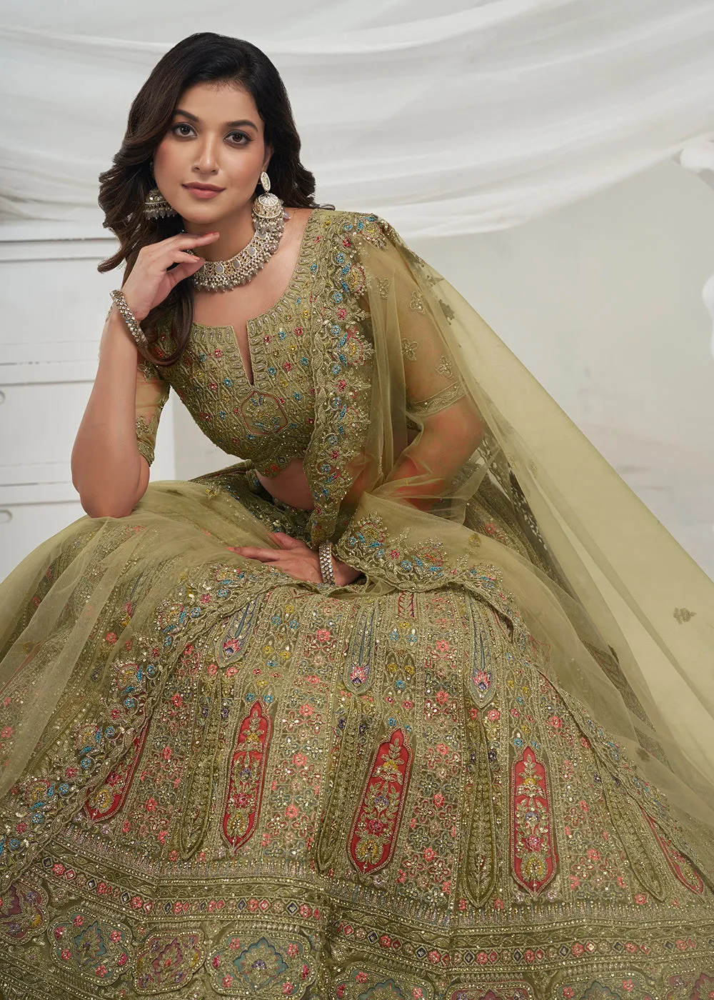 Soft Net Green Heavy Embroidered Bridal Style Lehenga Choli