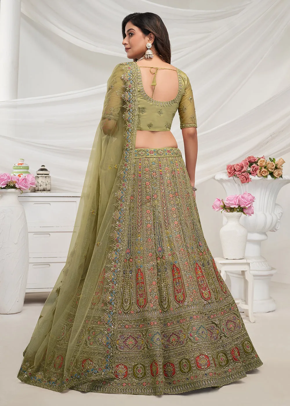 Soft Net Green Heavy Embroidered Bridal Style Lehenga Choli