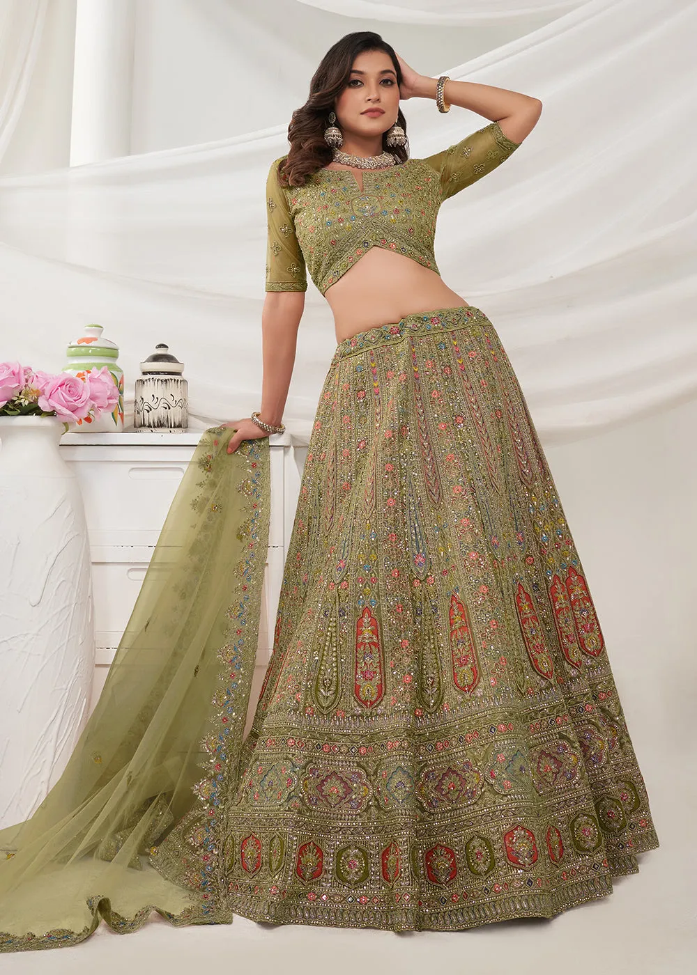 Soft Net Green Heavy Embroidered Bridal Style Lehenga Choli