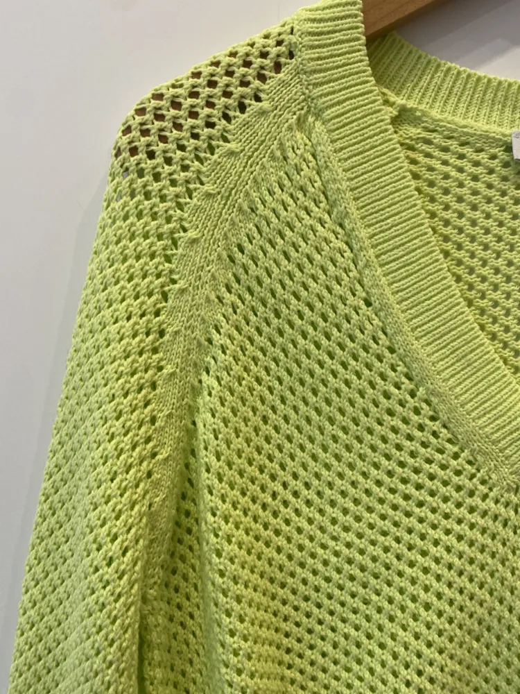 White   Warren - Mercerized Cotton Mesh V Neck in Lime Highlighter