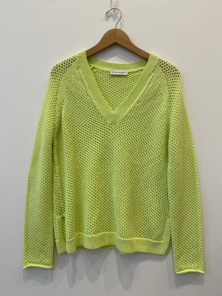 White   Warren - Mercerized Cotton Mesh V Neck in Lime Highlighter